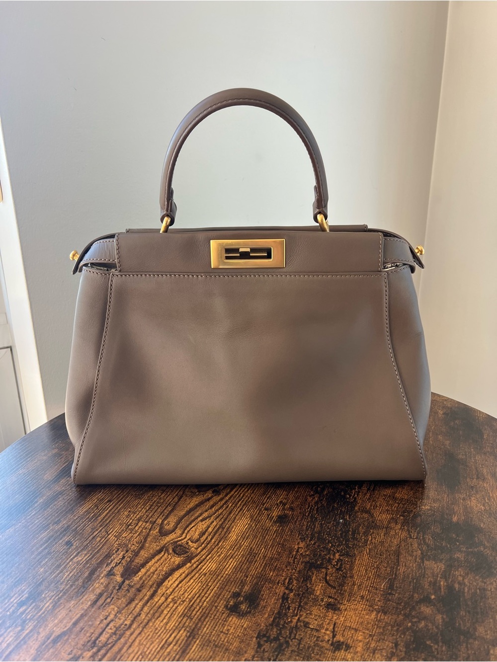 Fendi Taupe Leather Peekaboo-Style Top Handle Bag with Gold Hardware